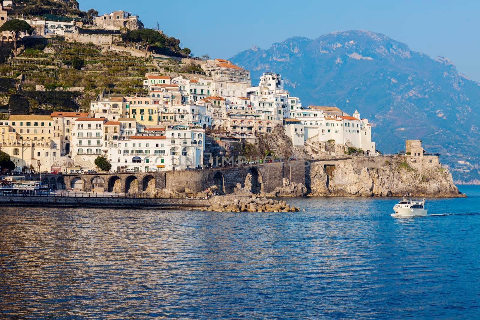Architecture of Amalfi at sunset. Amalfi, Campania, Italy.