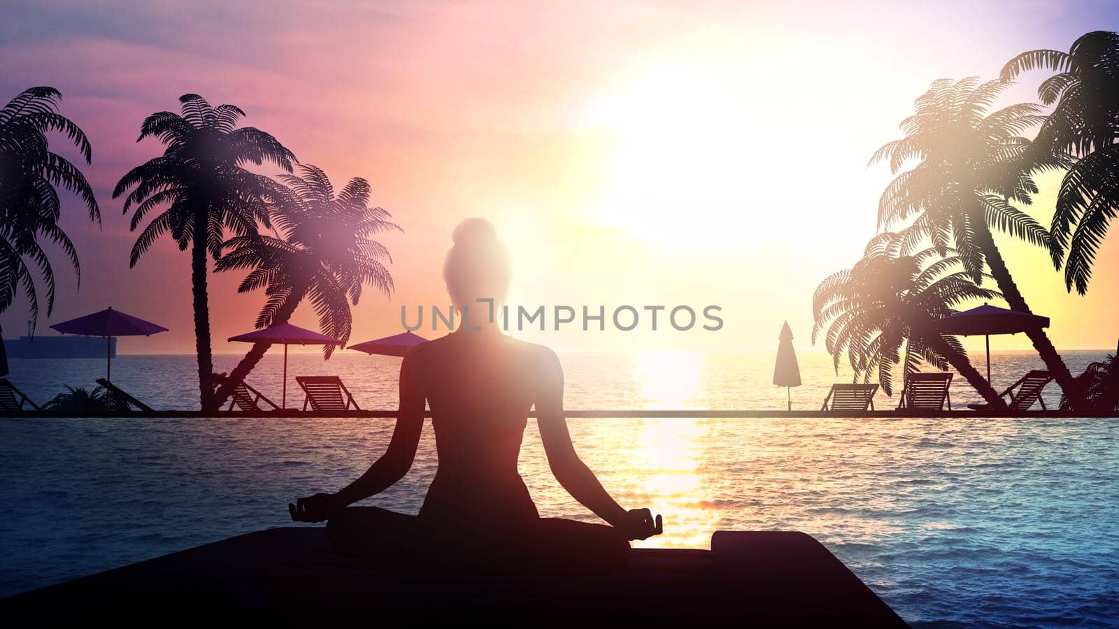Silhouette of a meditating girl on a sunset background. by ConceptCafe