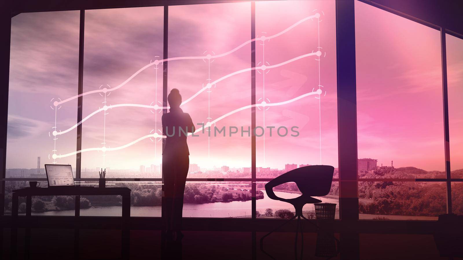 In the office, a woman stands in front of the panoramic window and observes the holographic infographics.