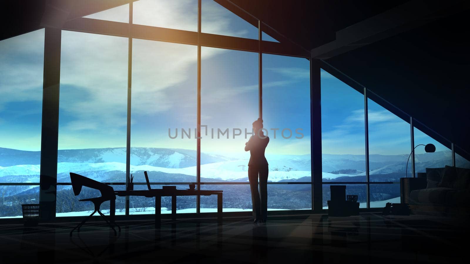 Silhouette of a businesswoman stands in front of a panoramic office window overlooking a winter mountain landscape.