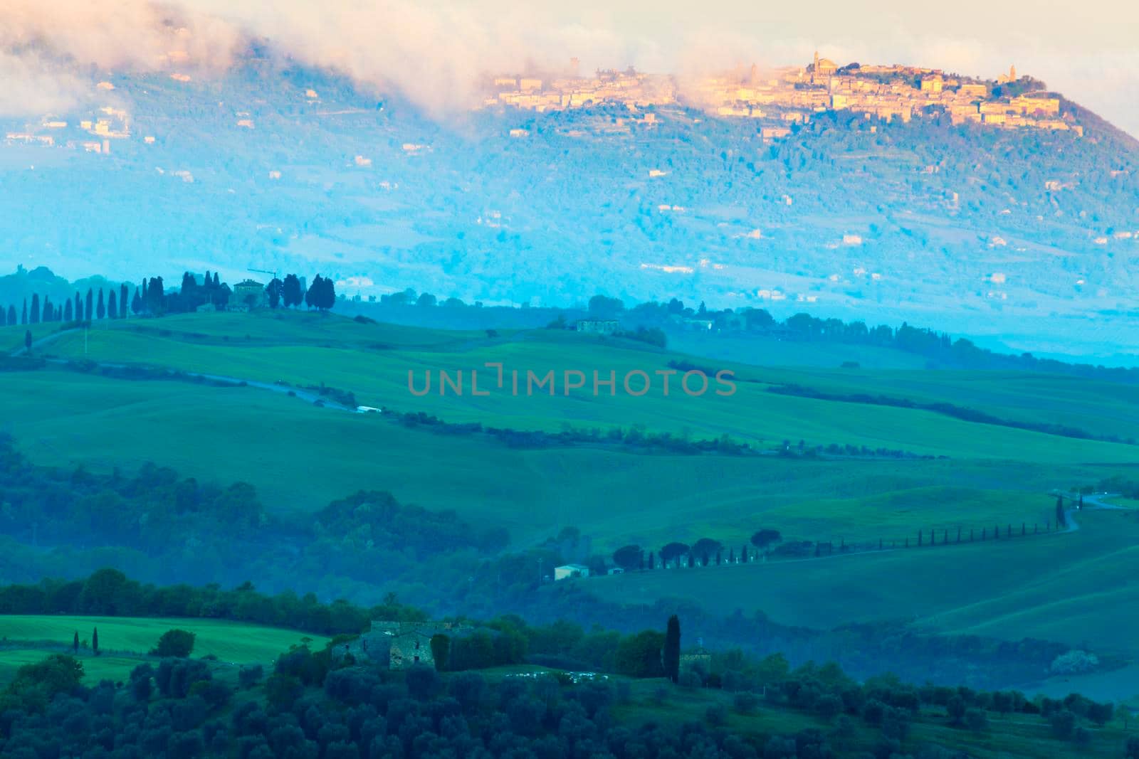 Tuscany landscape seen at sunrise. Tuscany, Italy.