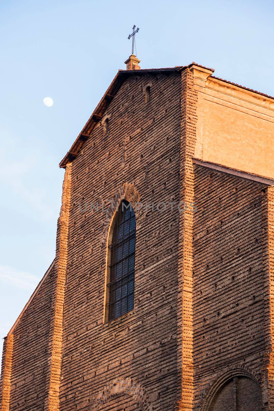 Bologna Cathedral and full moon. Bologna, Emilia-Romagna, Italy.