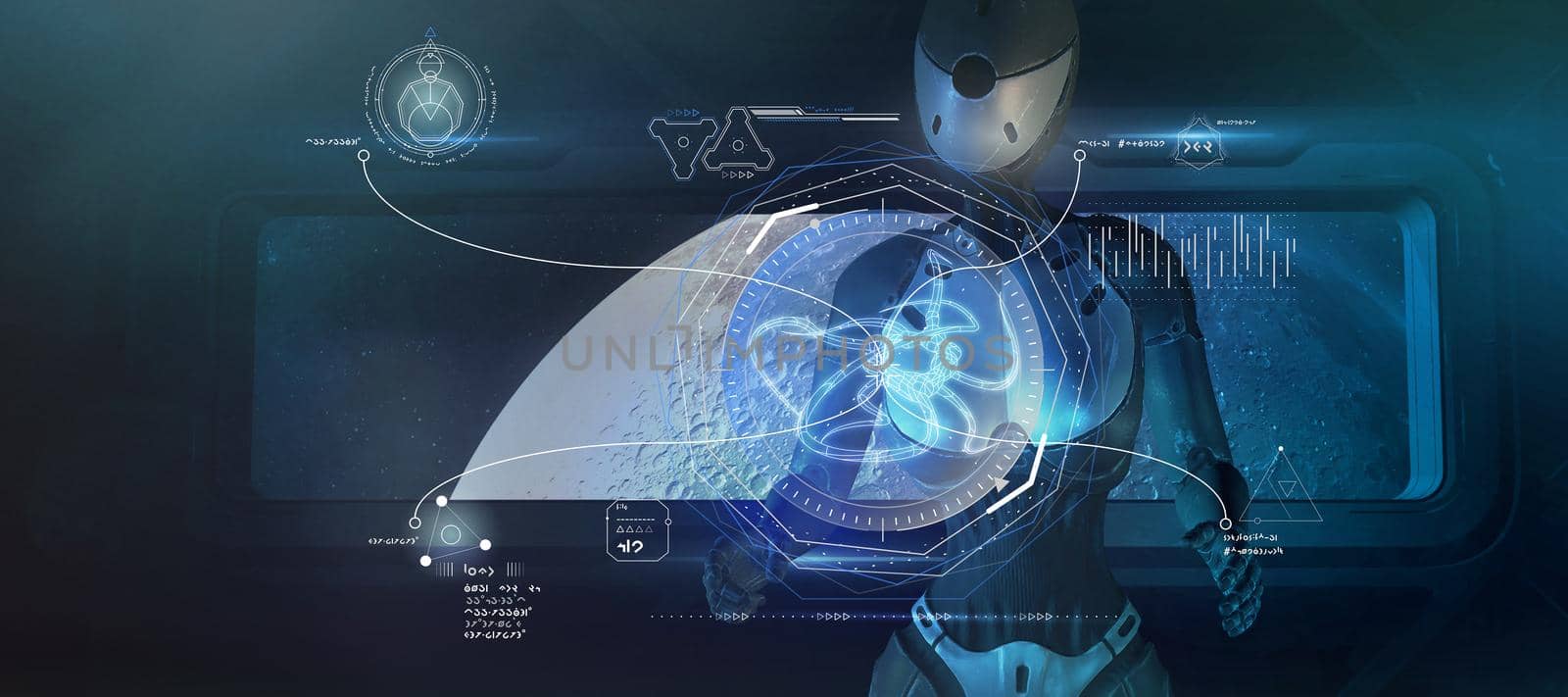 An alien robot is analyzing data on an unknown living organism. 3D render by ConceptCafe