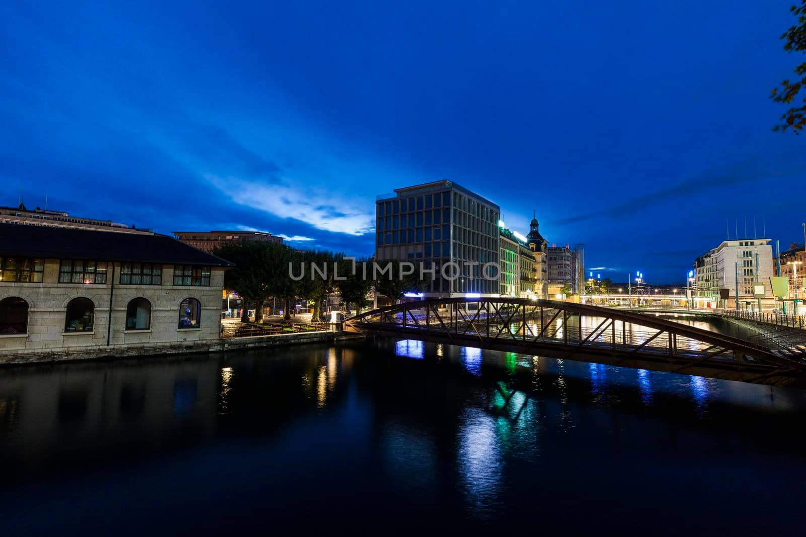 Architecture of Geneva along Rhone River Geneva, Switzerland.