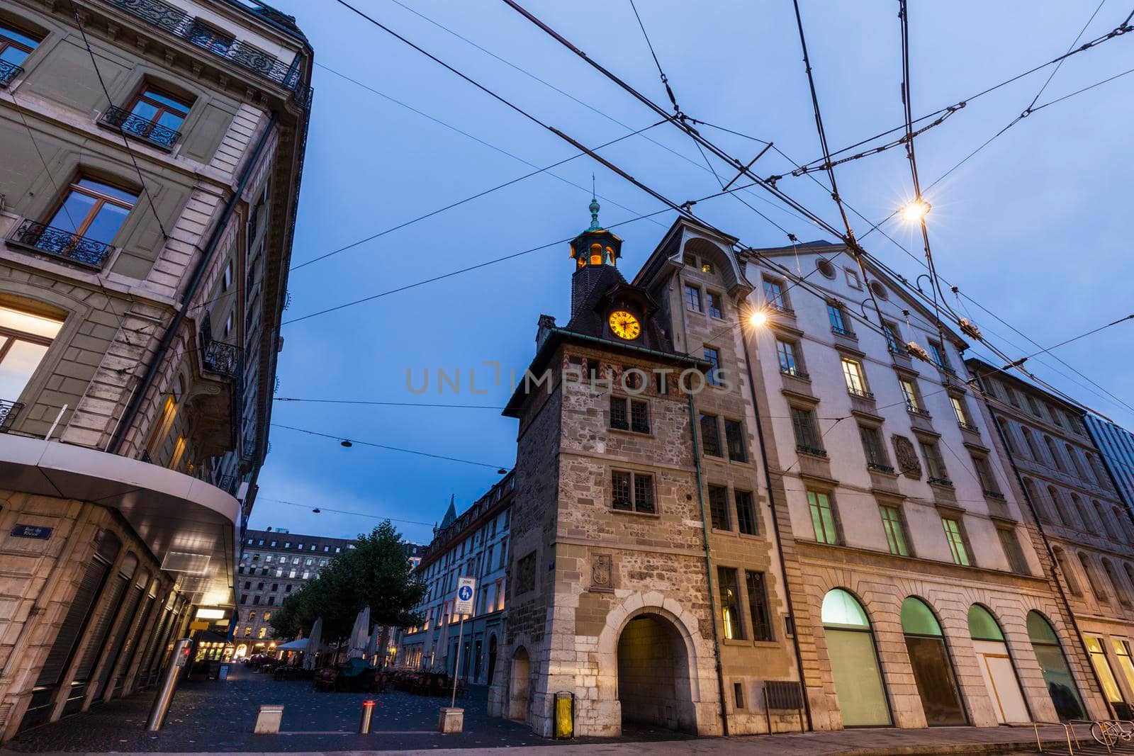 Molard Tower in Geneva seen at night. Geneva, Switzerland.