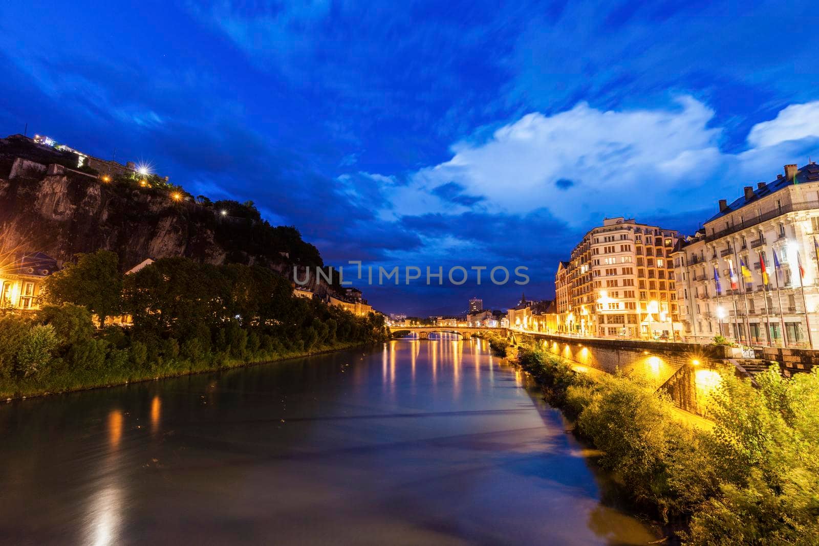Grenoble architecture along Isere River. Grenoble, Auvergne-Rhone-Alpes, France.