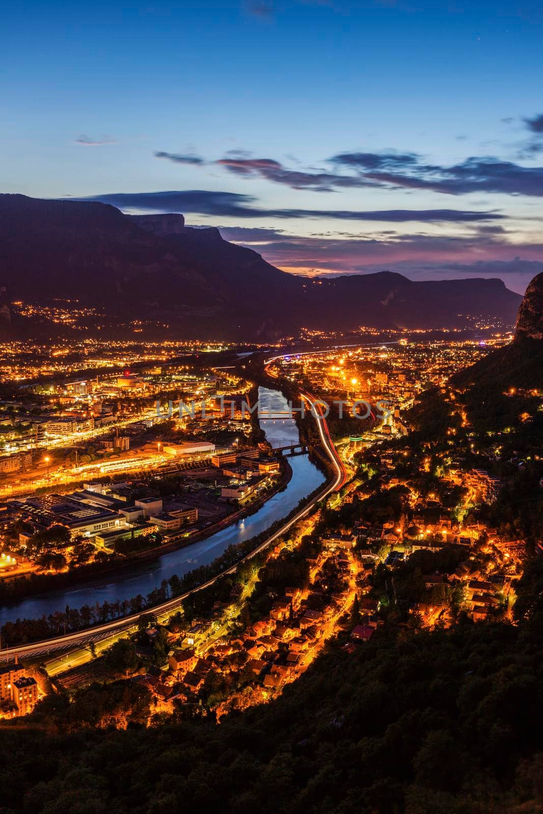 Grenoble architecture along Isere River. Grenoble, Auvergne-Rhone-Alpes, France.