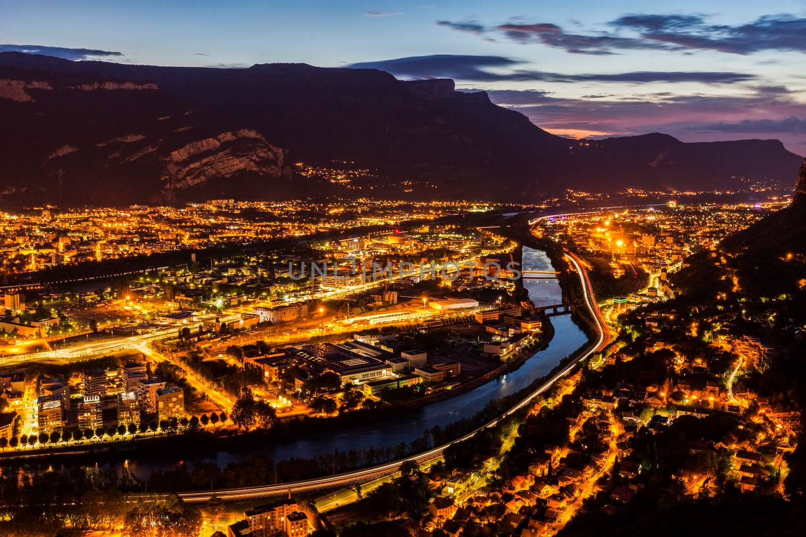 Grenoble architecture along Isere River. Grenoble, Auvergne-Rhone-Alpes, France.