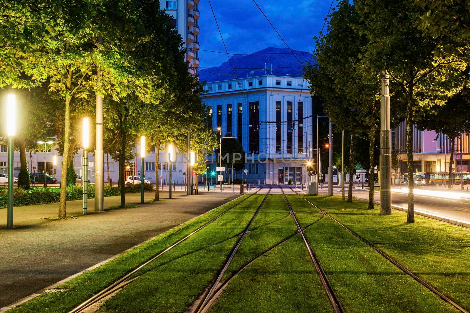 Tram rails in Grenoble. Grenoble, Auvergne-Rhone-Alpes, France