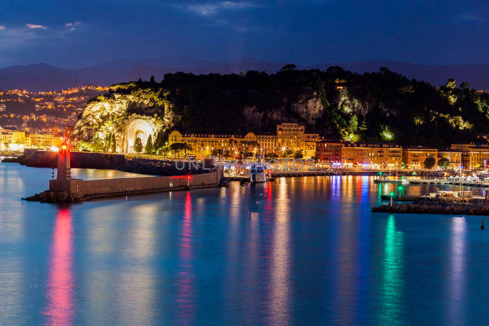 Nice War panorama at night. Nice, French Riviera, France.