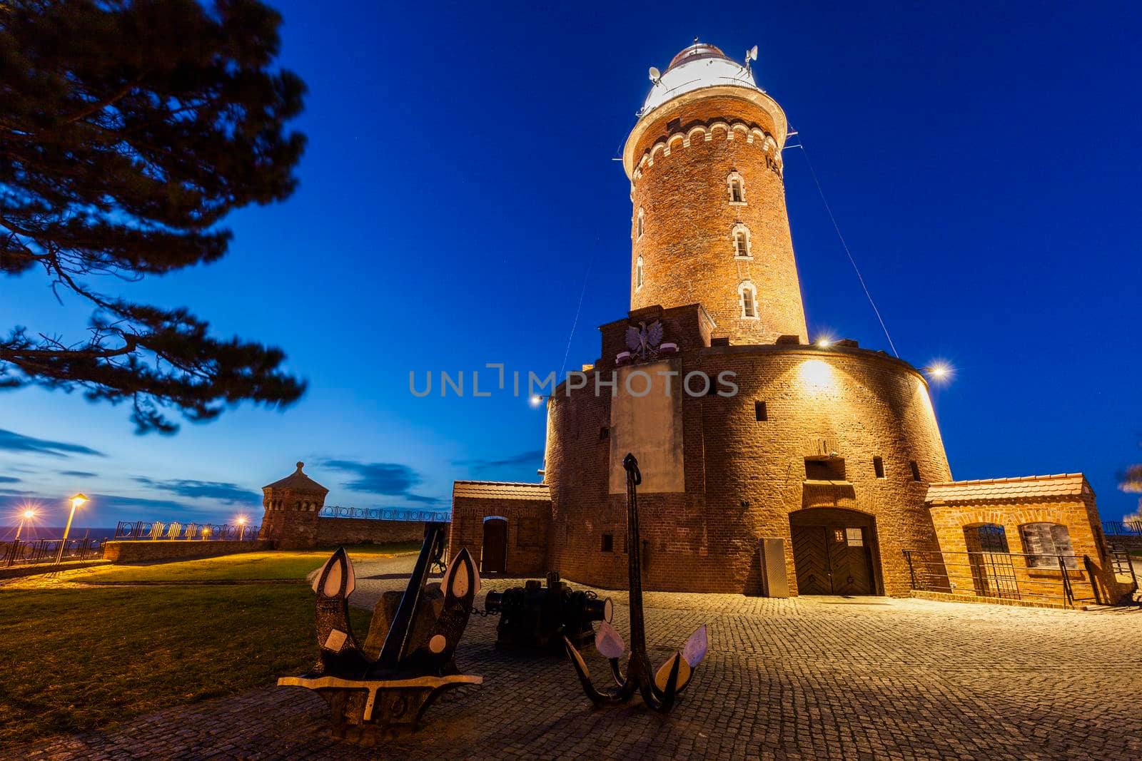 Kolobrzeg lighthouse at night. Kolobrzeg, West Pomerania, Poland.