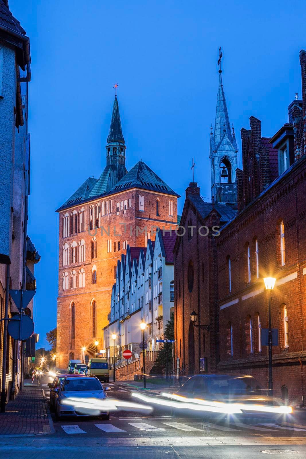 Kolobrzeg Cathedral at night. Kolobrzeg, West Pomerania, Poland.