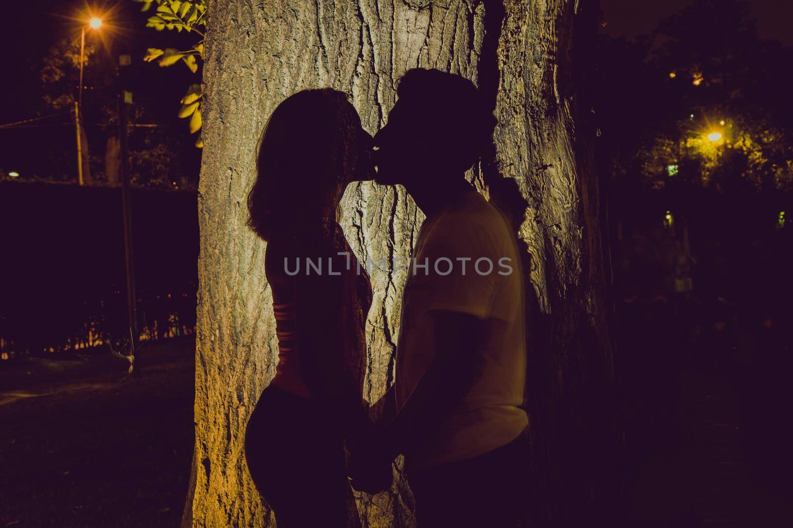 Shadow of a man and a woman kissing in the night of a park