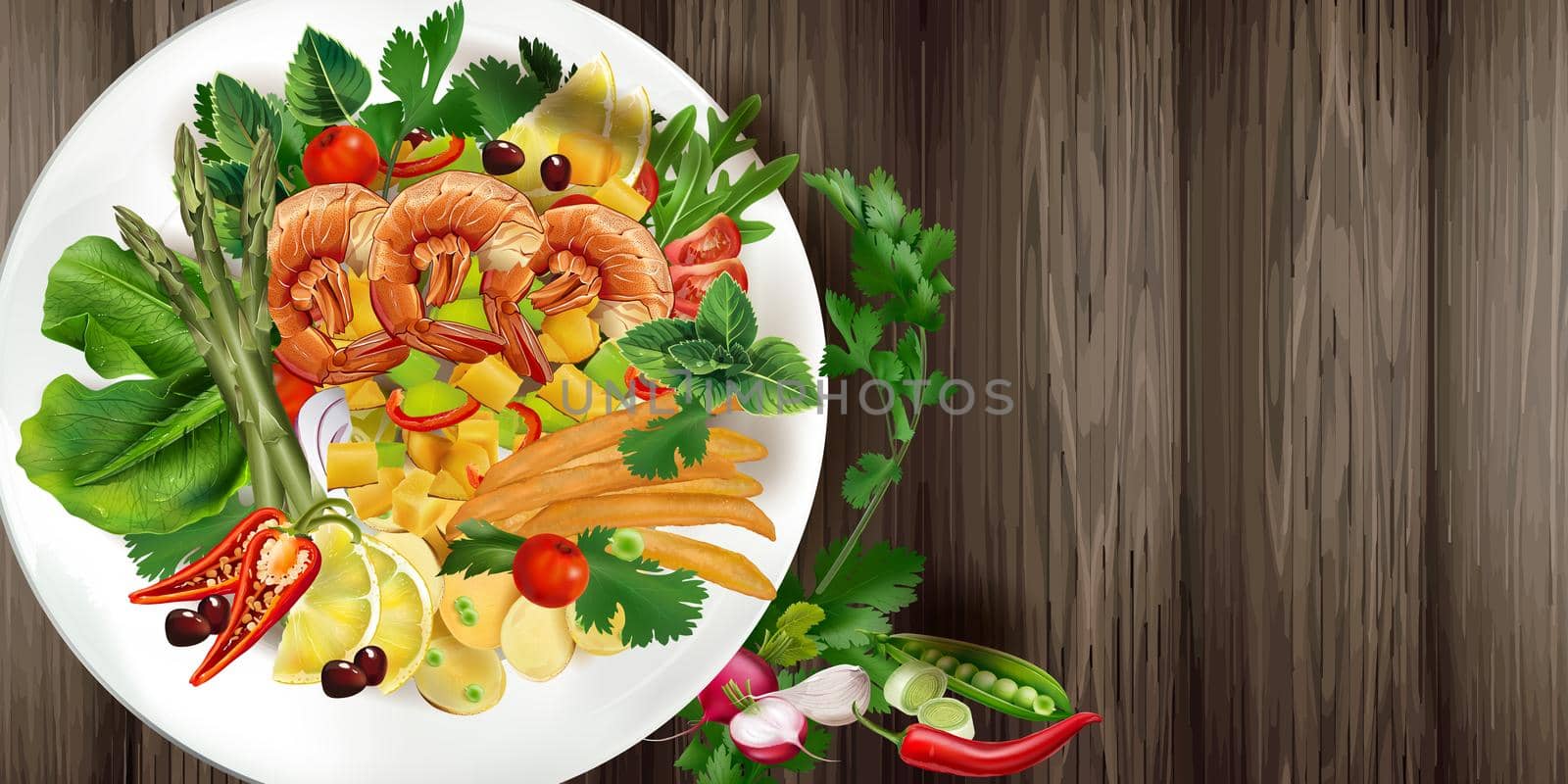 Mediterranean shrimp salad with vegetables and french fries. Realistic style illustration.
