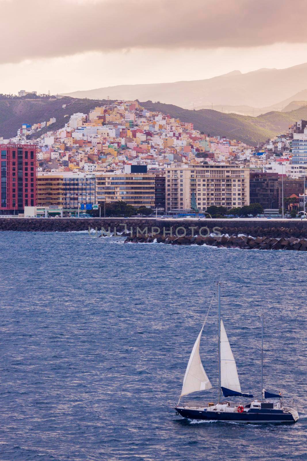 Panorama of Las Palmas from the sea. Las Palmas, Gran Canaria, Canary Islands, Spain.