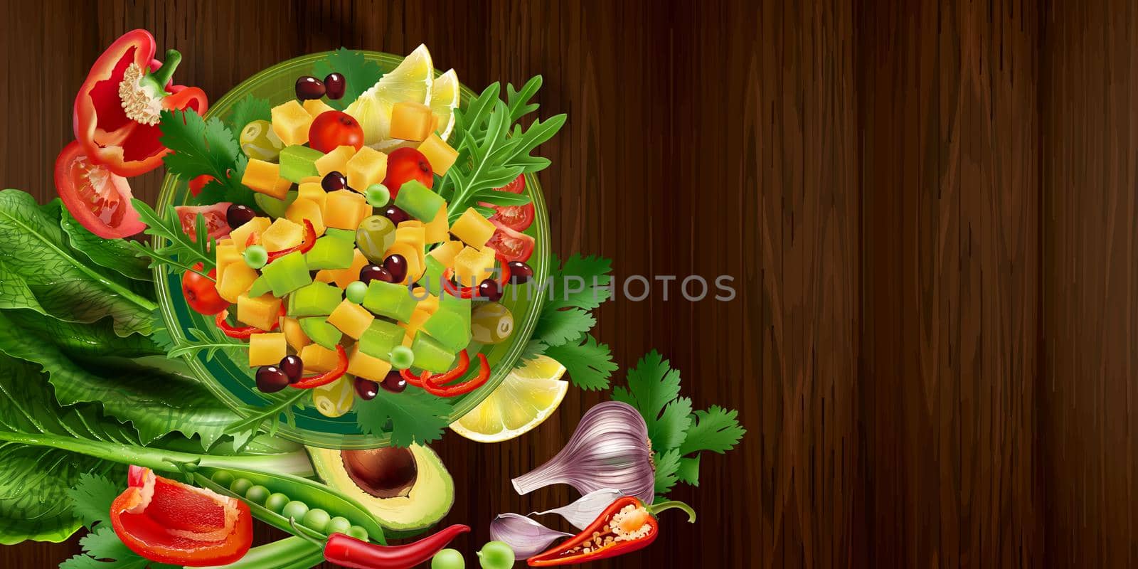 Mexican avocado salad and vegetables on a wooden table. Realistic style illustration.