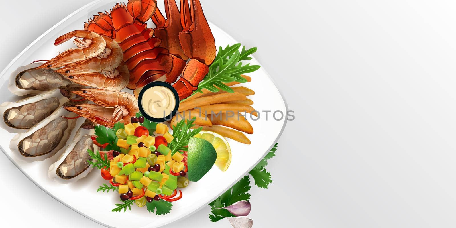 Lobster, king prawns and oysters with french fries and salad on a white plate. Realistic style illustration.