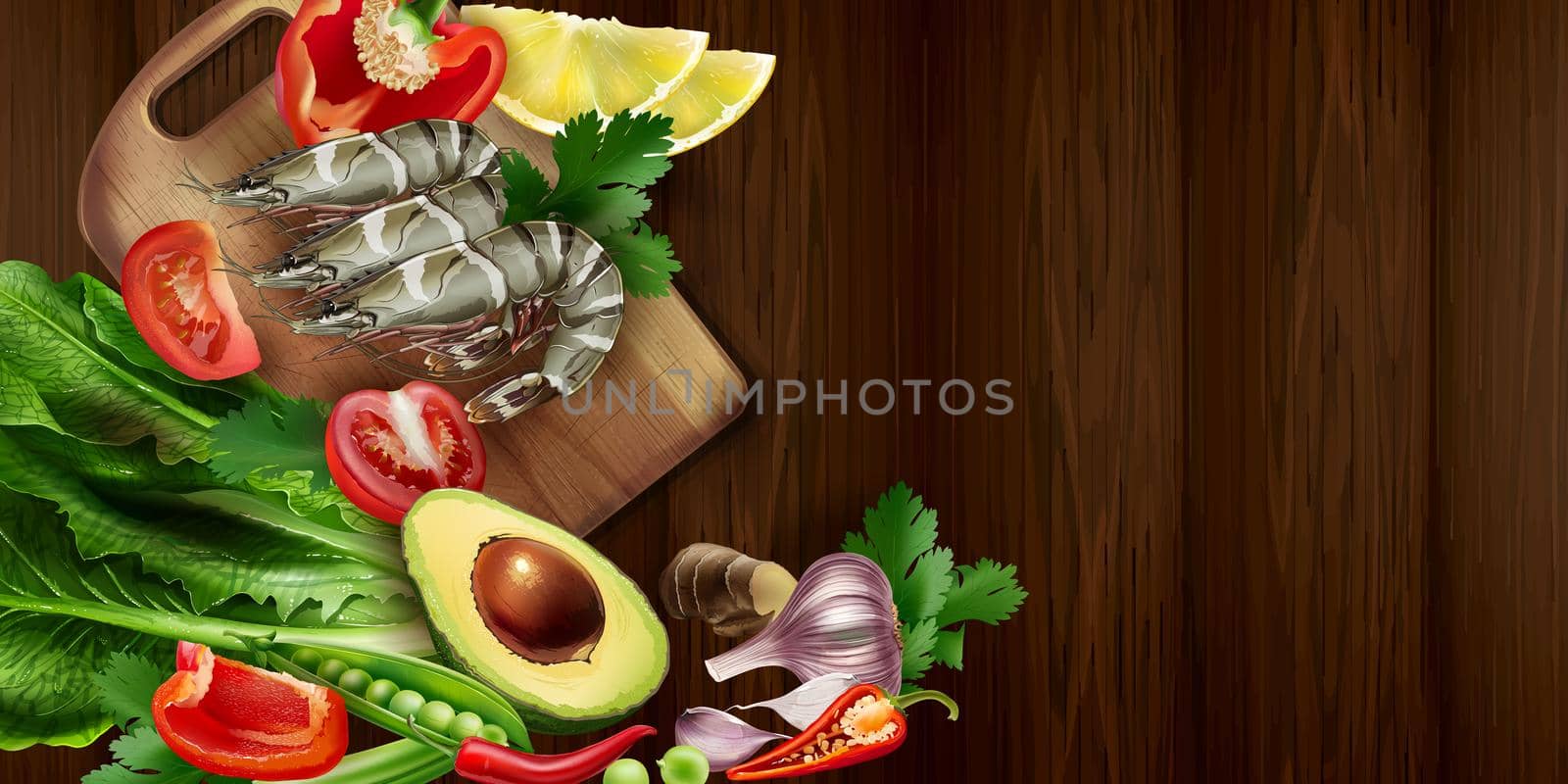 Shrimp and vegetables for cooking salad on a wooden table. Realistic style illustration.