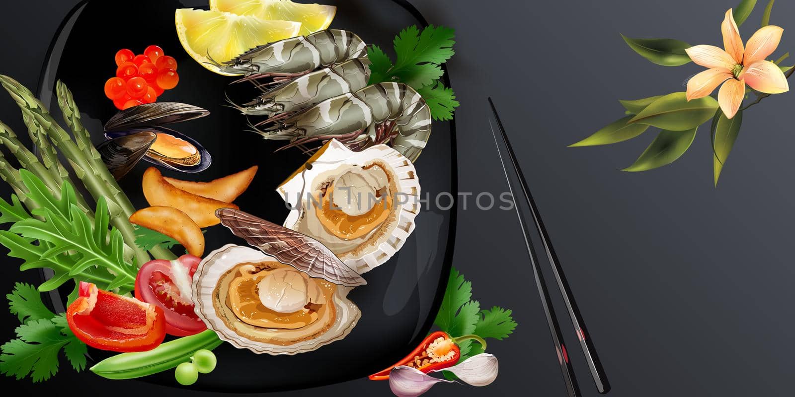 King prawns, scallops and mussels with vegetables, served in Japanese style. Realistic style illustration.