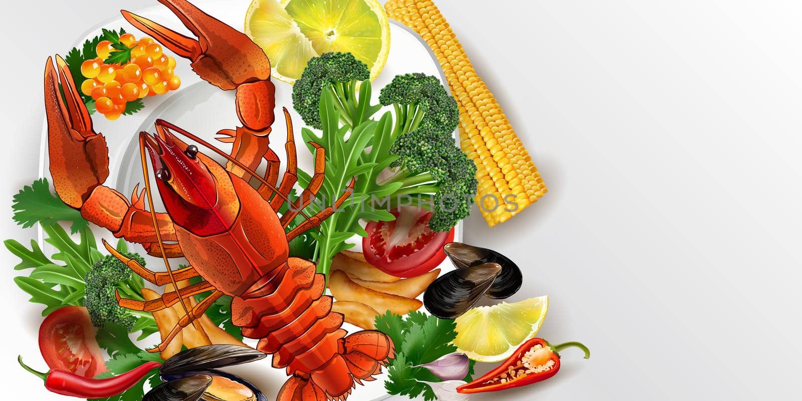 Lobster, red caviar and mussels with vegetables on a white plate. Realistic style illustration.