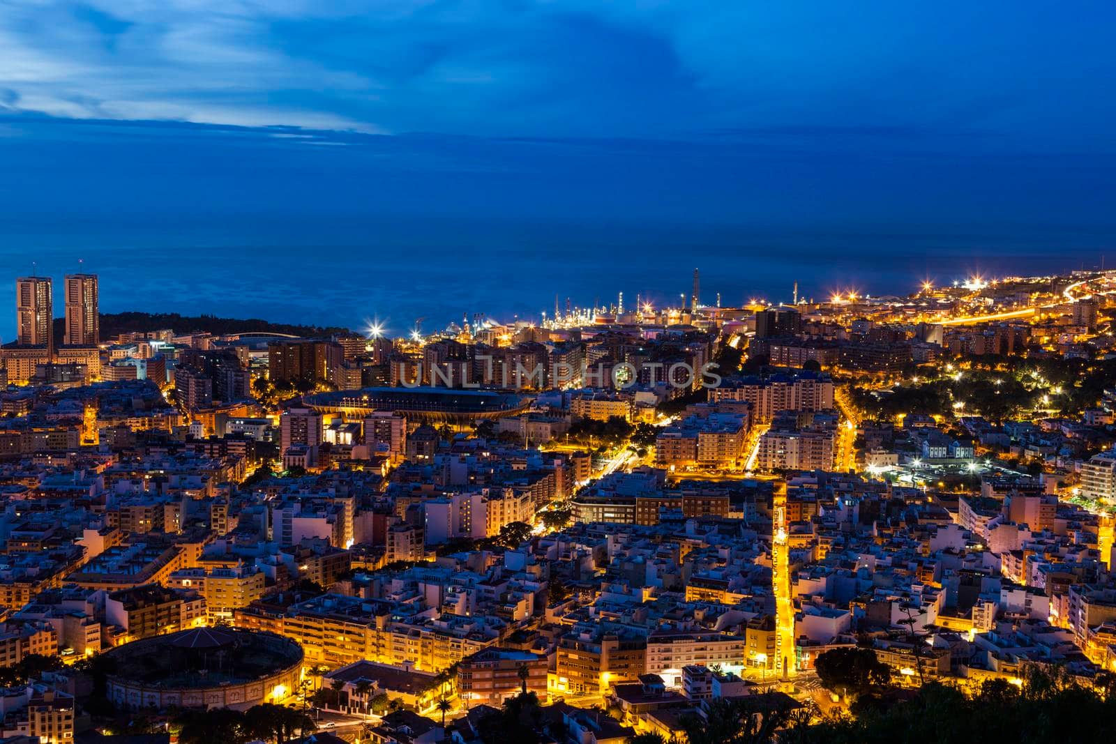 Panorama of Santa Cruz de Tenerife. Gran Canaria silhouette in the background. Santa Cruz de Tenerife, Tenerife, Spain.