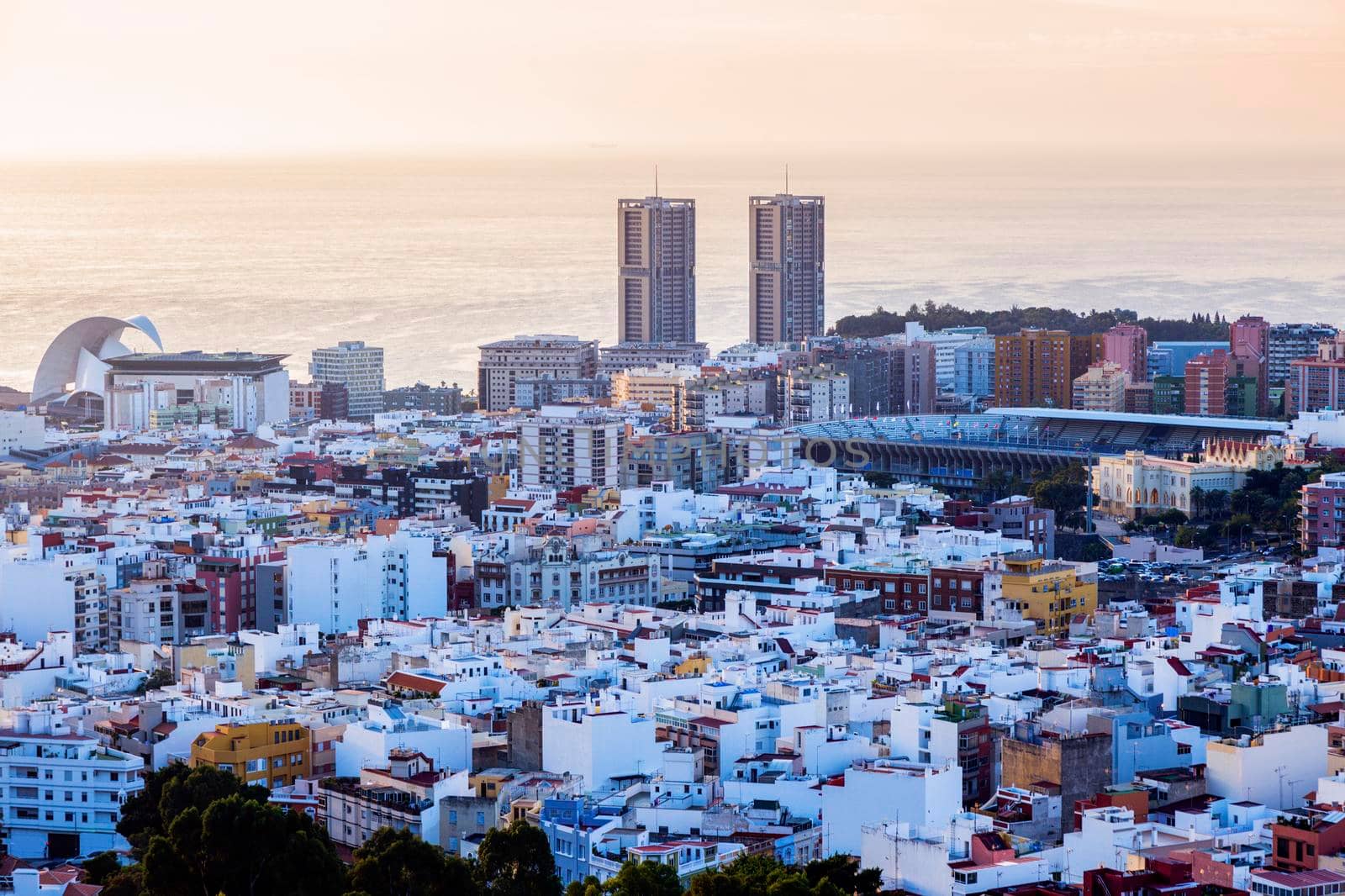 Panorama of Santa Cruz de Tenerife at sunrise. Santa Cruz de Tenerife, Tenerife, Spain.