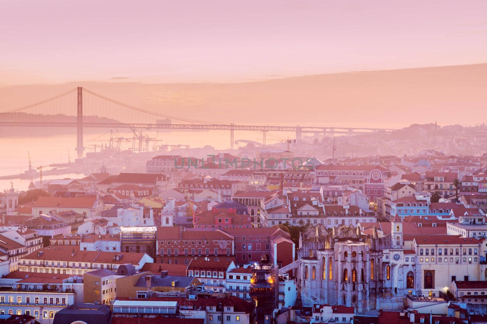 25th of April Bridge and city panorama of Lisbon . Lisbon, Portugal.