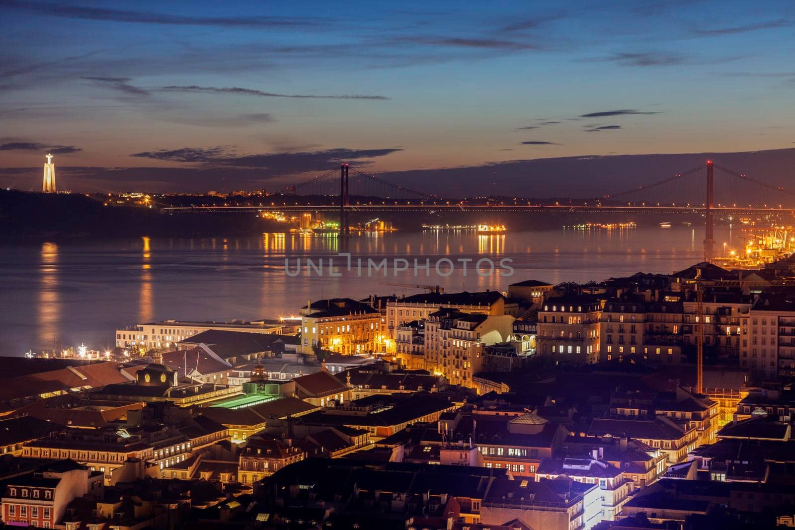 25th of April Bridge and Cristo Rei Statue in Lisbon. Lisbon, Portugal.