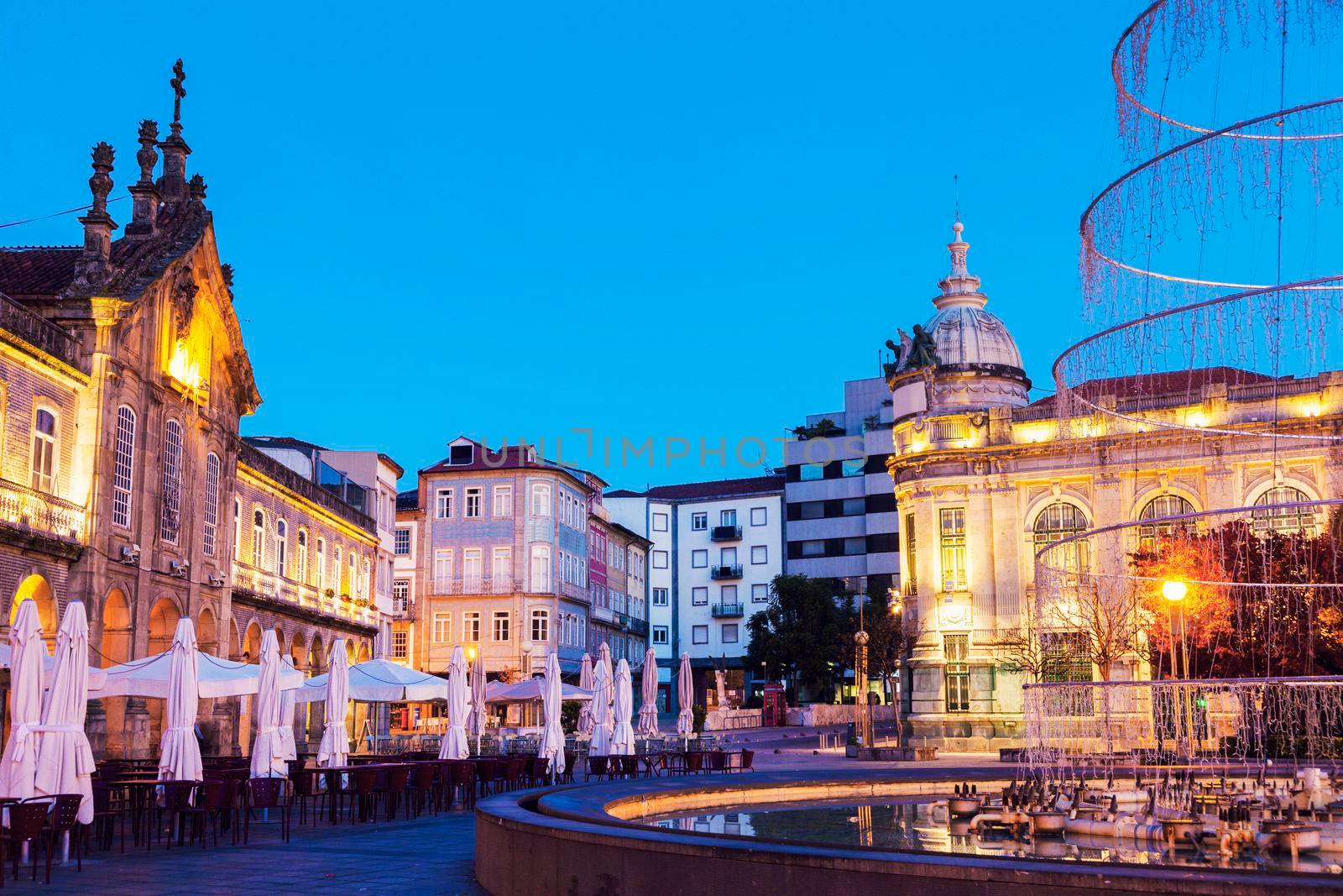 Arcada on Plaza de la Republica in Braga at dawn. Braga, Norte Region, Portugal.