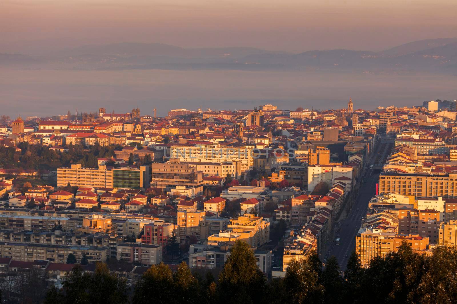 Panorama of Braga at sunrise. Braga, Norte Region, Portugal.