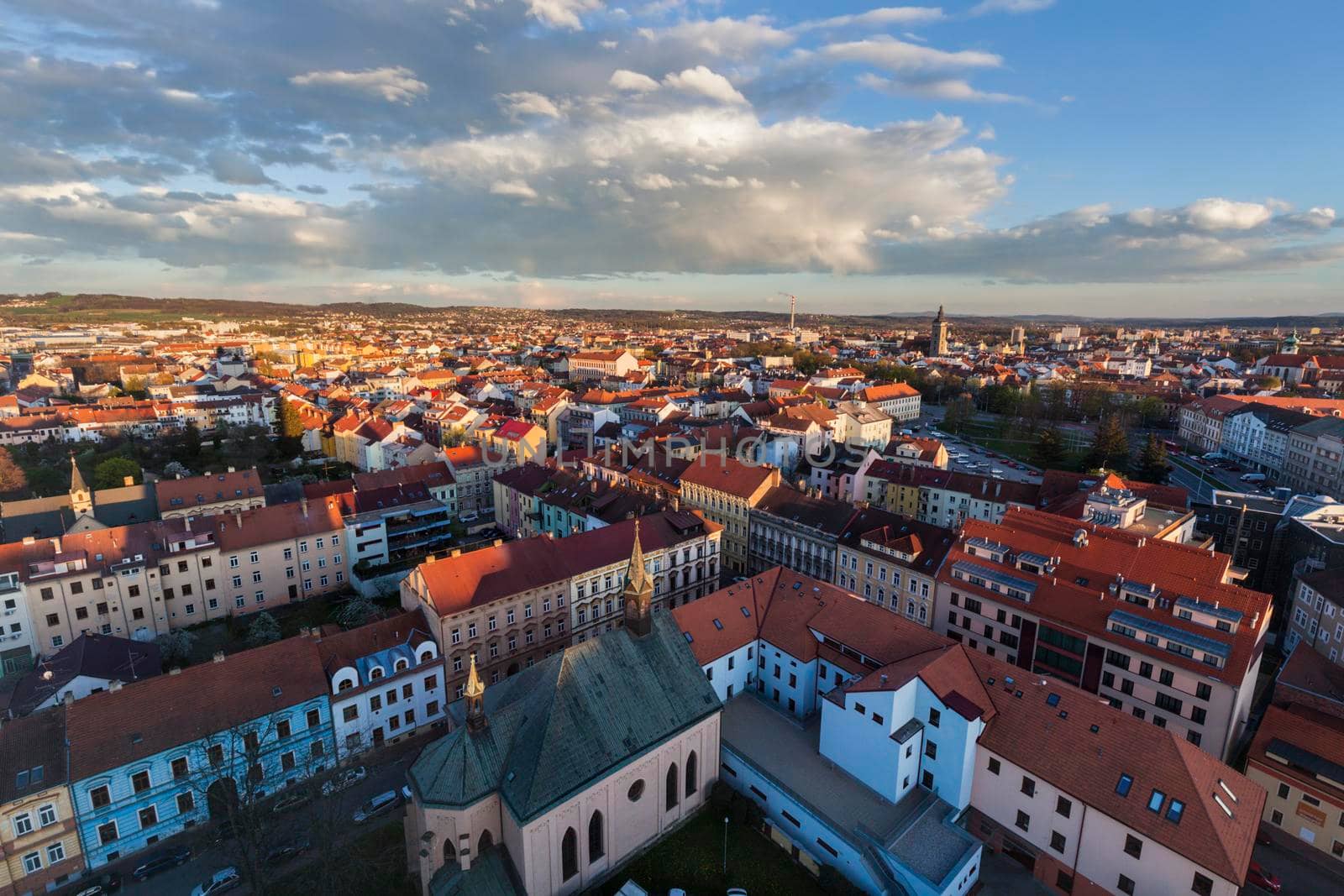 Ceske Budejovice at sunset - aerial photo. Ceske Budejovice, South Bohemia, Czech Republic.