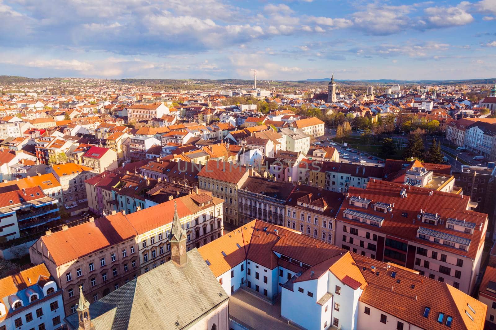 Panorama of Ceske Budejovice at sunset. Ceske Budejovice, South Bohemia, Czech Republic.