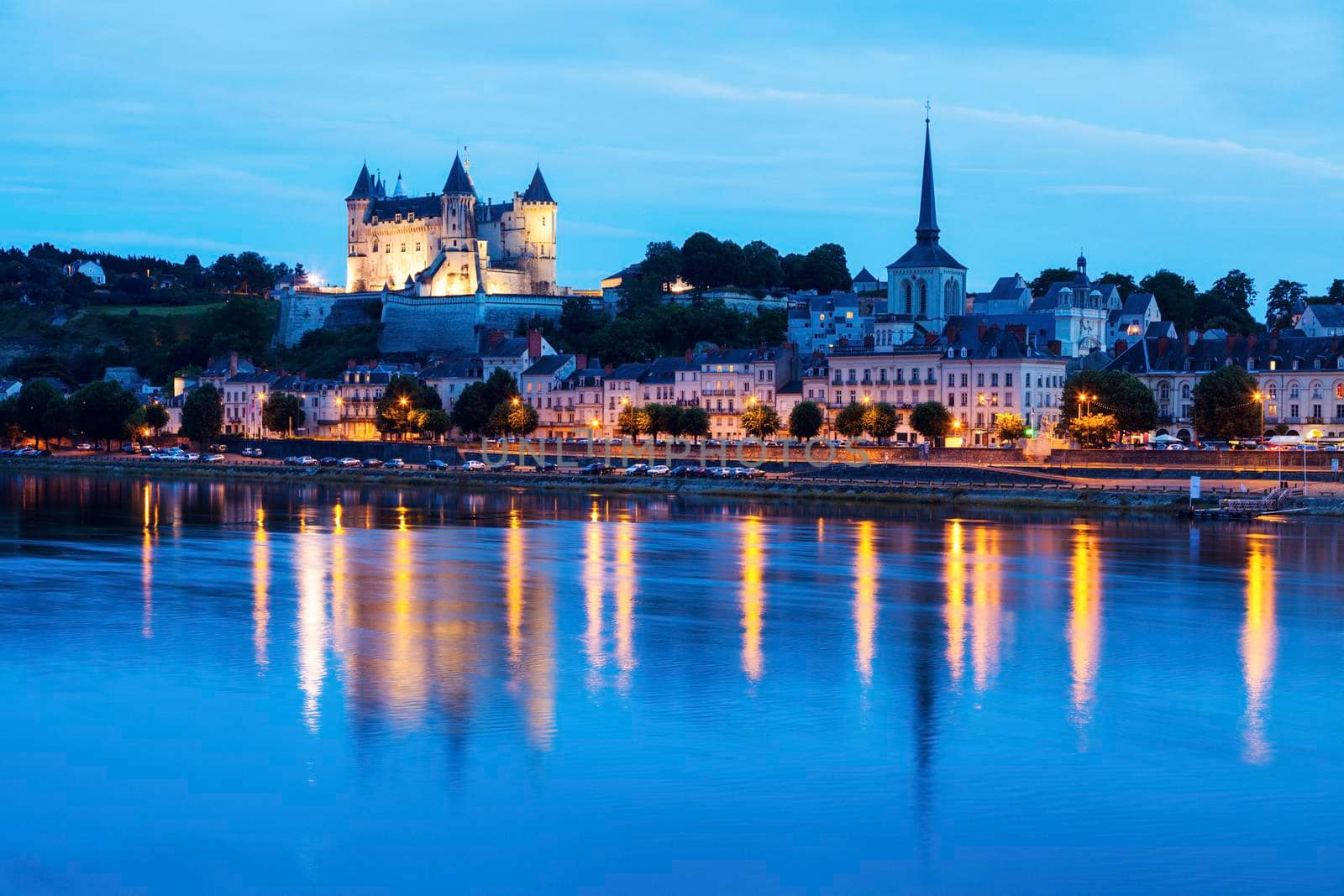 Panorama of Saumur at night. Saumur, Pays de la Loire, France
