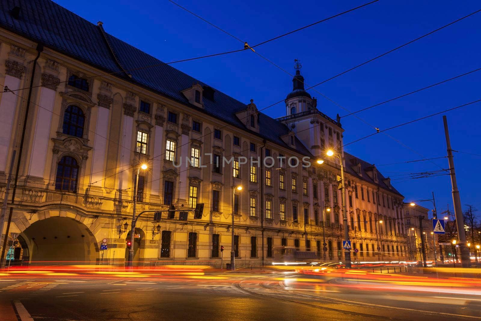 University of Wrocław at night. Wroclaw, Lower Silesian, Poland.