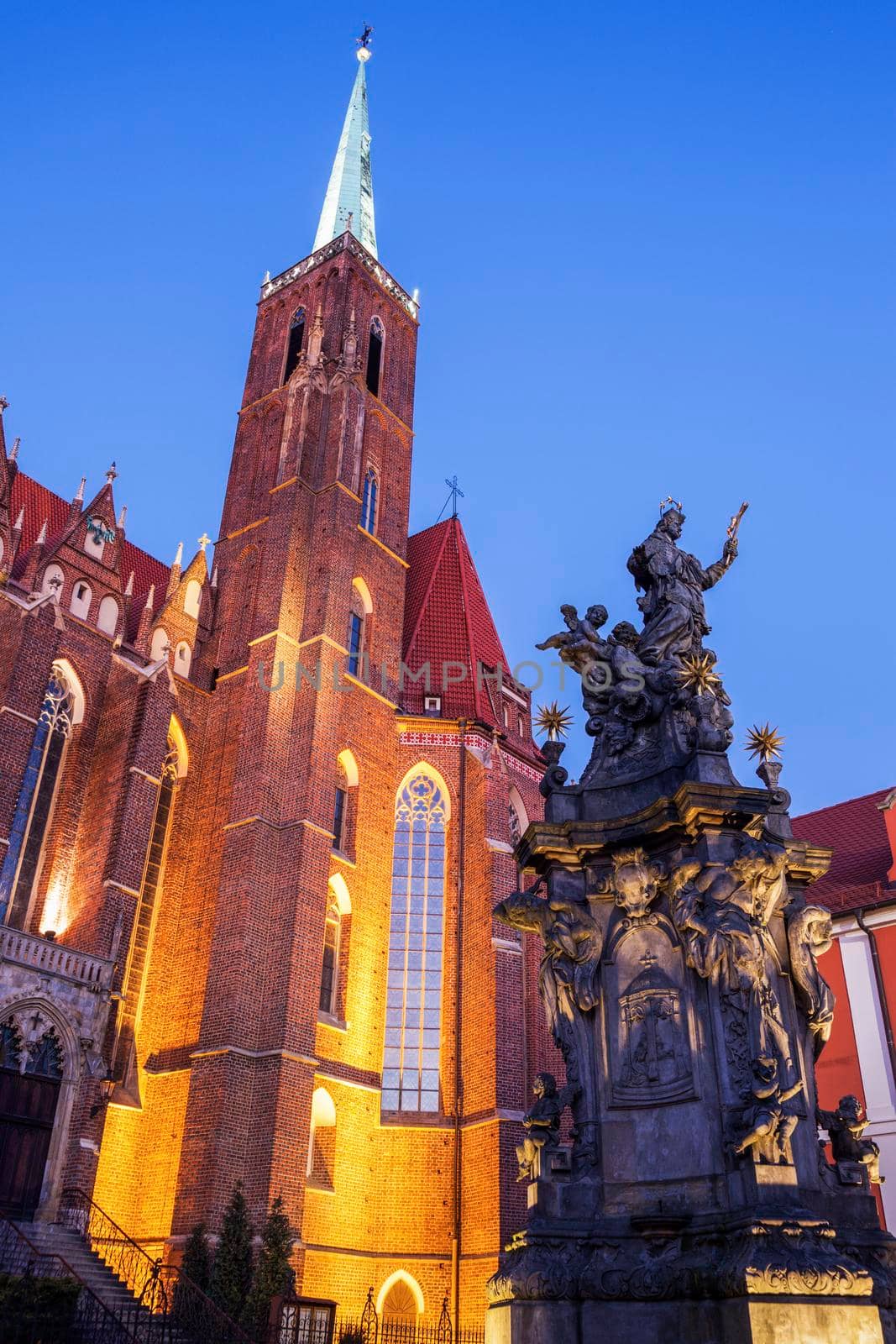 Wroclaw Collegiate Church and fountain at night Wroclaw, Lower Silesian, Poland.