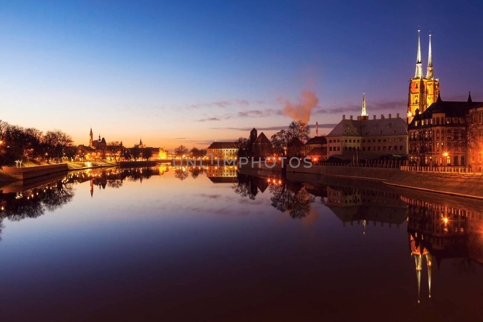 Wroclaw Cathedral and city panorama at night. Wroclaw, Lower Silesian, Poland.