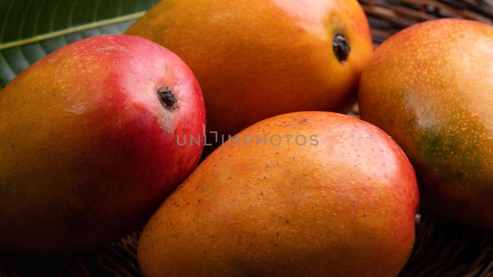 Mango. Close up of fresh ripe mango fruit on a bamboo sieve over dark wooden table background with green leaves.