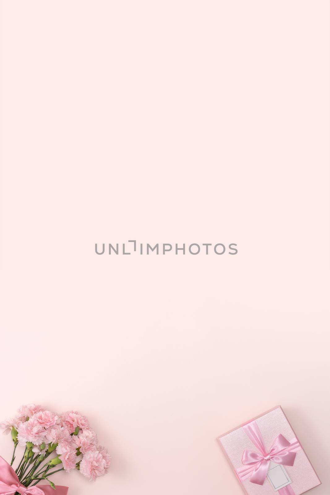 Mother's day background concept. Top view design of holiday greeting gift with carnation bouquet on bright pink table background