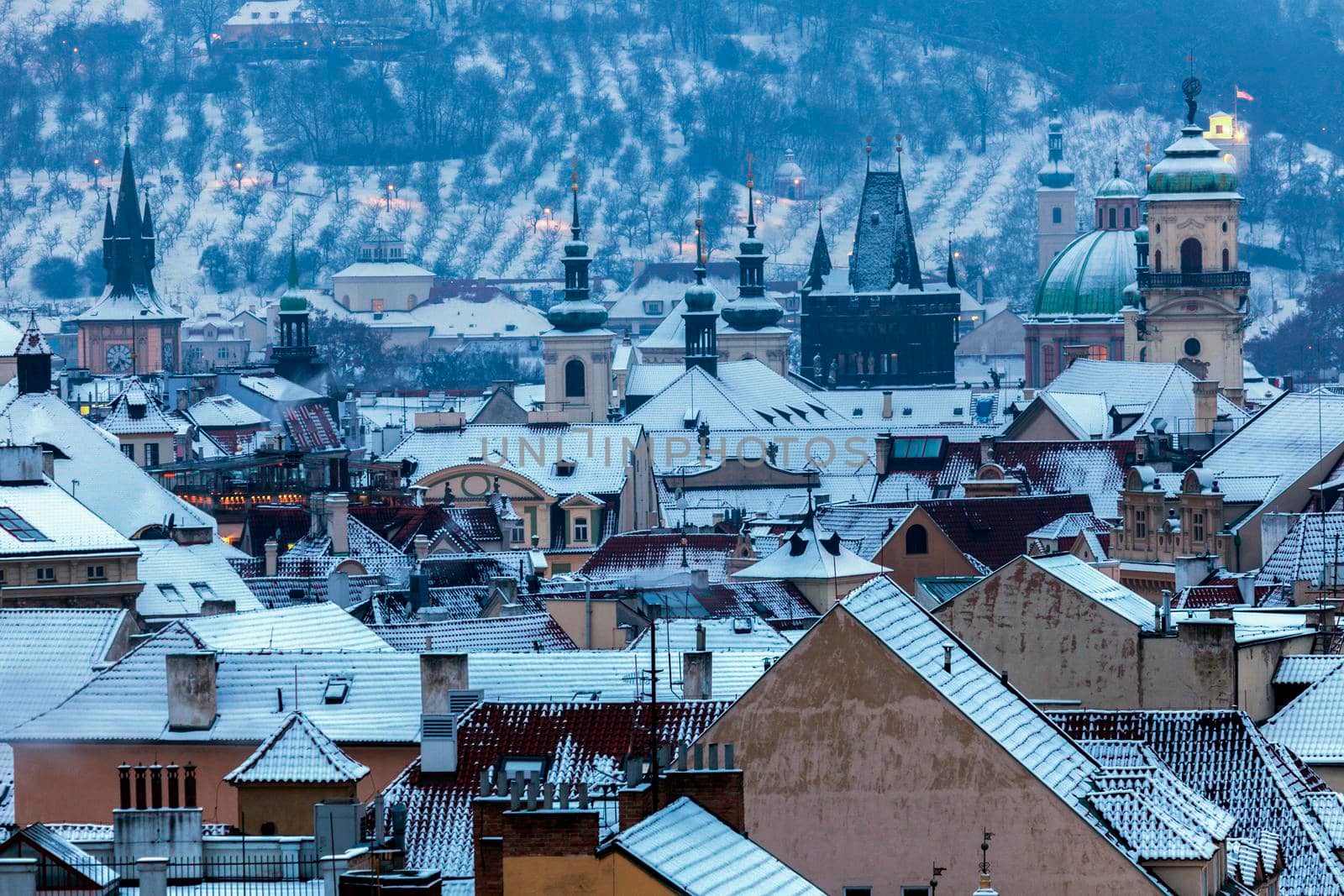 Winter in Prague - panorama of the city. Prague, Bohemia, Czech Republic.