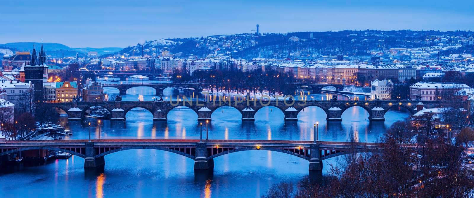 Winter in Prague - bridges on Vltava River. Prague, Bohemia, Czech Republic.