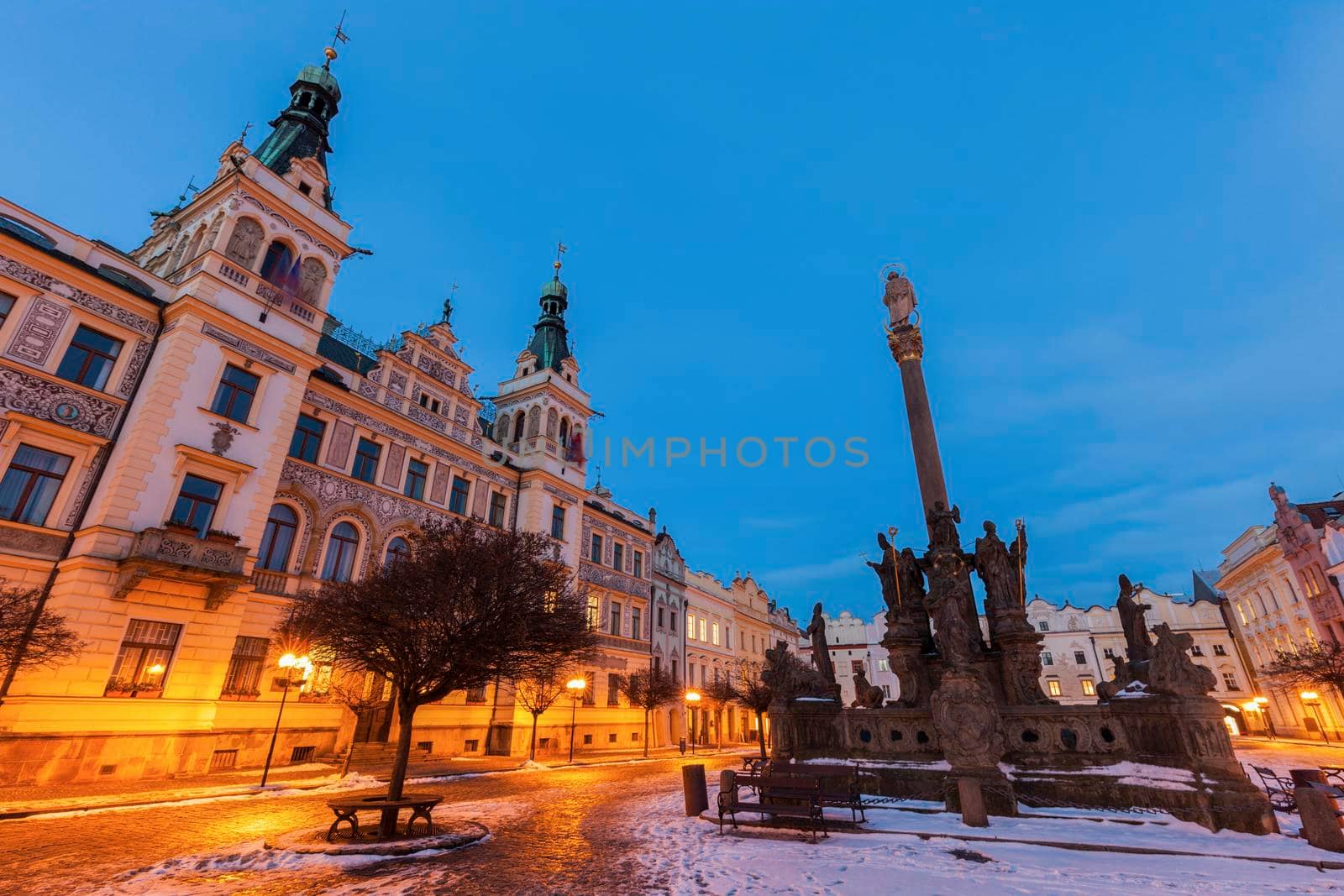 City Hall and Plague Column on Pernstynske Square in Pardubice. Pardubice, Bohemia, Czech Republic.