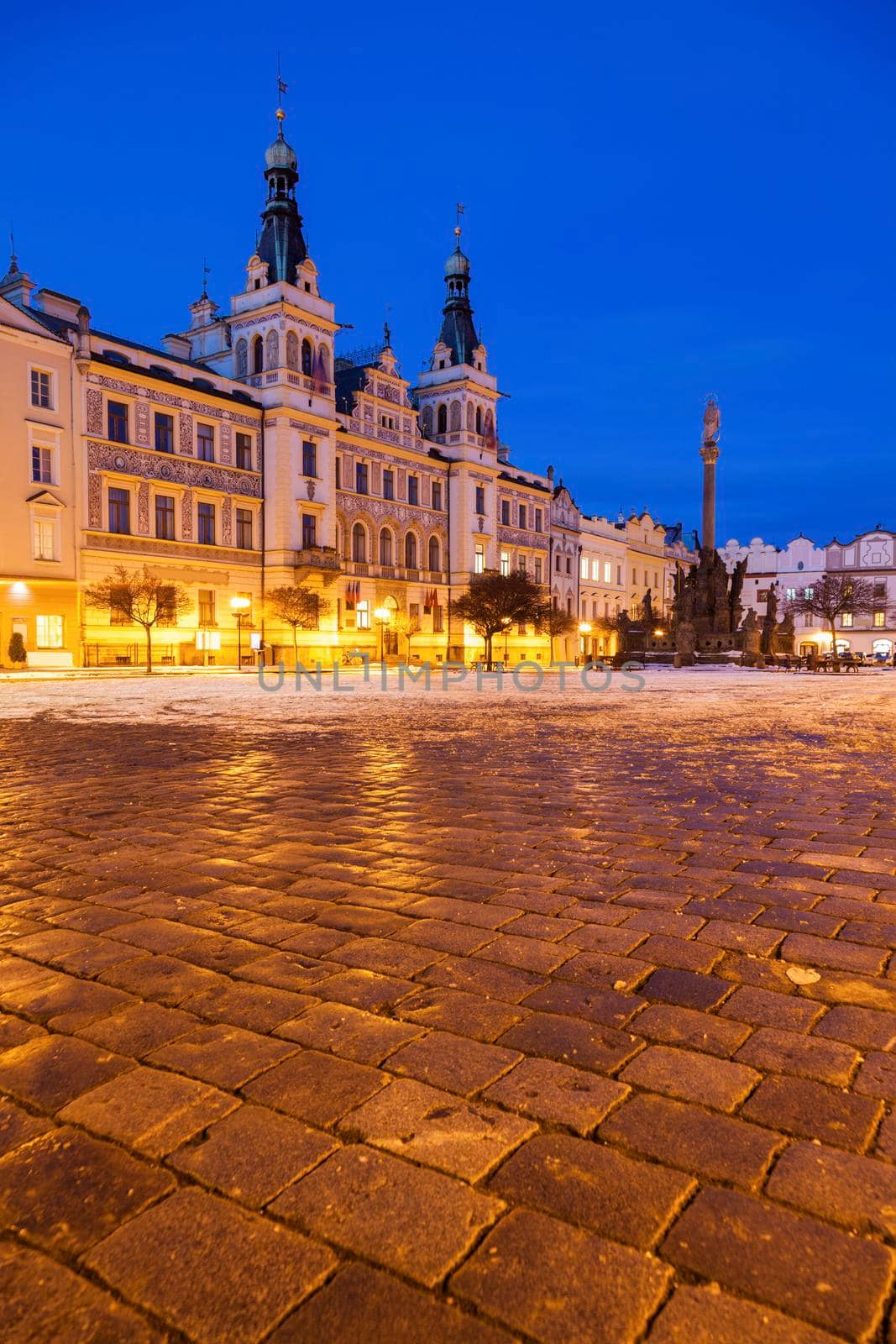 City Hall and Plague Column on Pernstynske Square in Pardubice. Pardubice, Bohemia, Czech Republic.