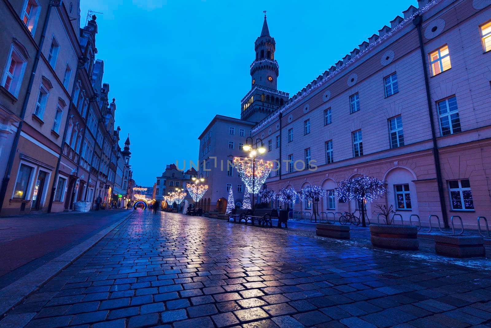 City Hall in Opole at night. Opole, Opolskie, Poland.