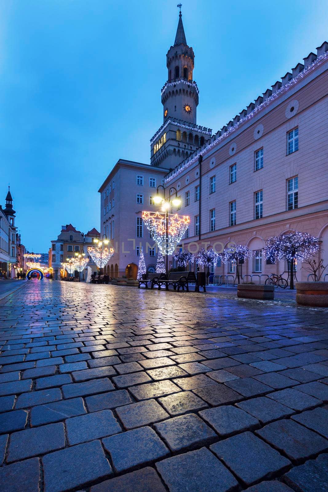 City Hall in Opole at dusk. Opole, Opolskie, Poland.