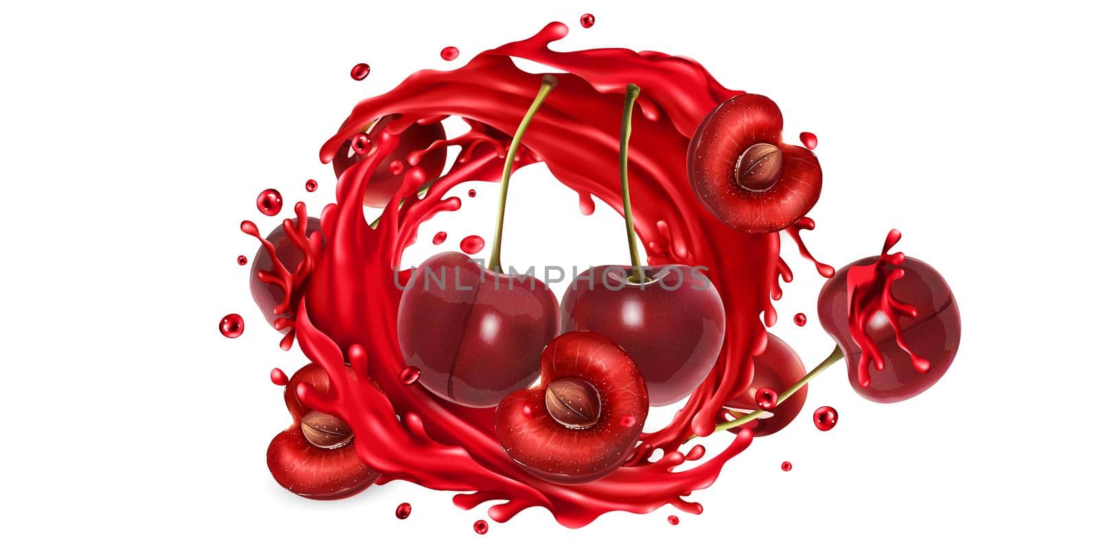Fresh cherries and a splash of fruit juice on a white background. Realistic style illustration.