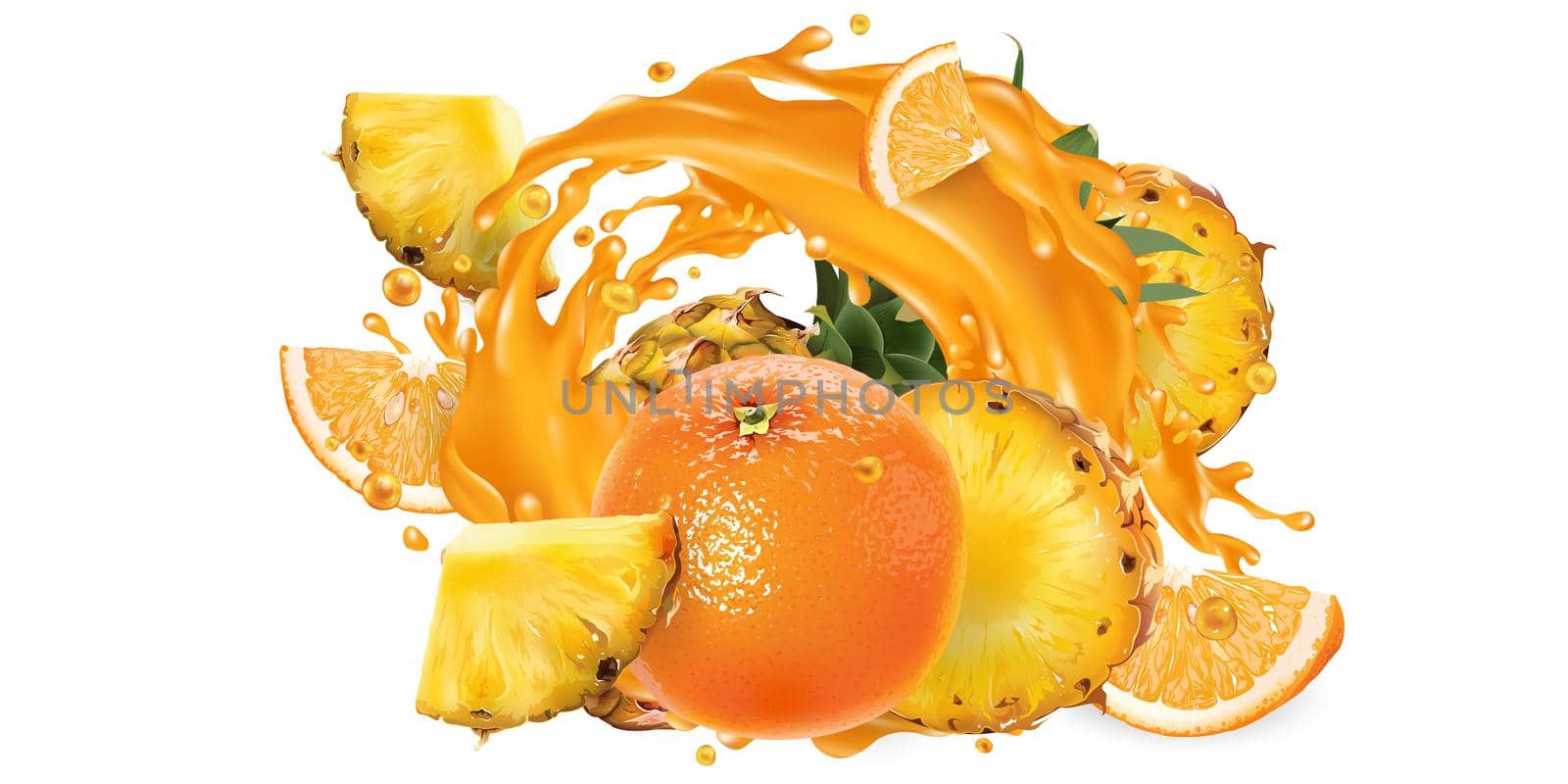 Fresh pineapples and oranges and a splash of fruit juice on a white background. Realistic style illustration.