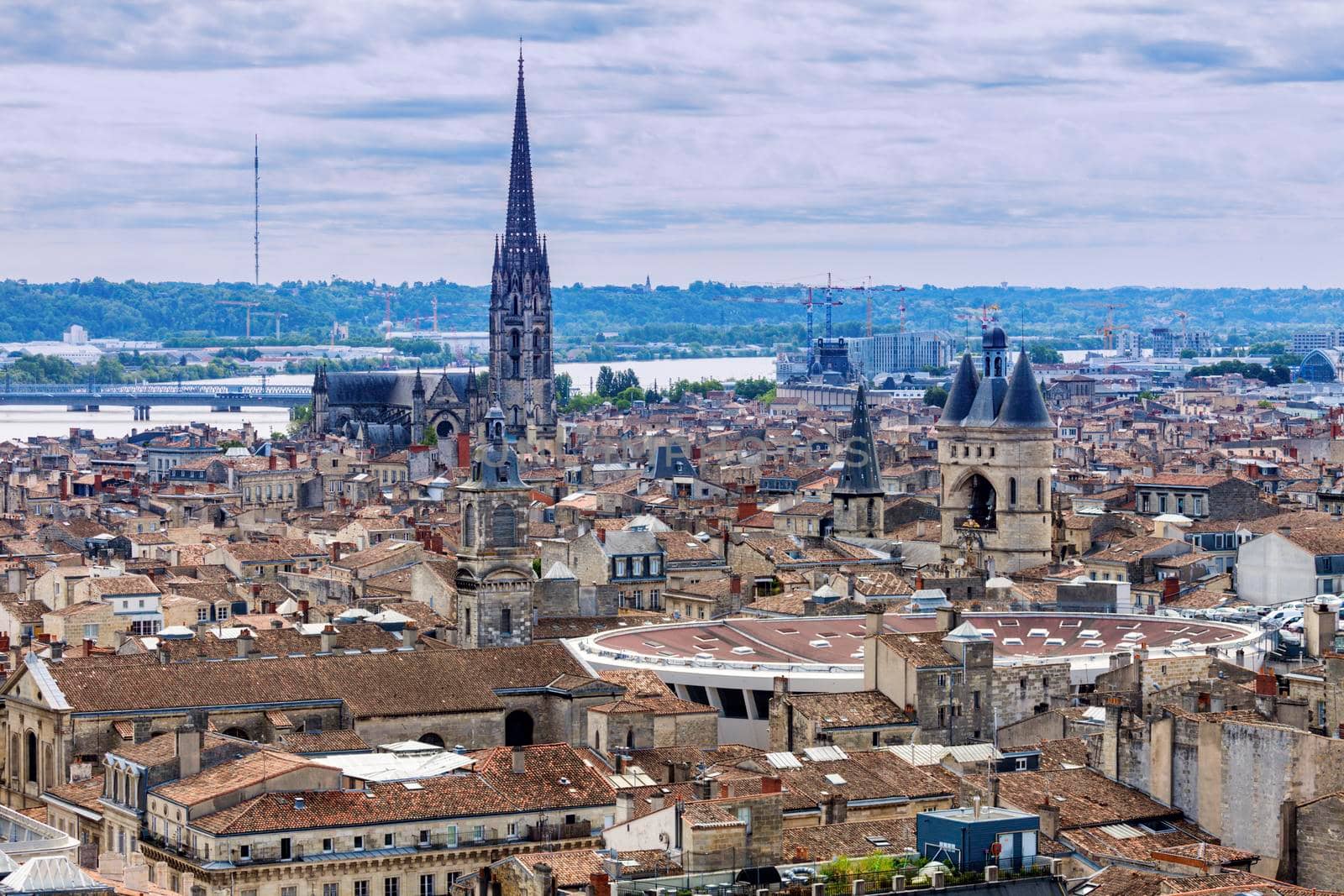 Aerial panorama of Bordeaux - Basilica of St. Michael and Grosse cloche ou Porte Saint-Eloi. Bordeaux, Nouvelle-Aquitaine, France.