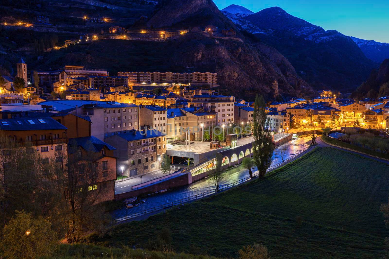 Panorama of Canillo at night. Canillo, Andorra.