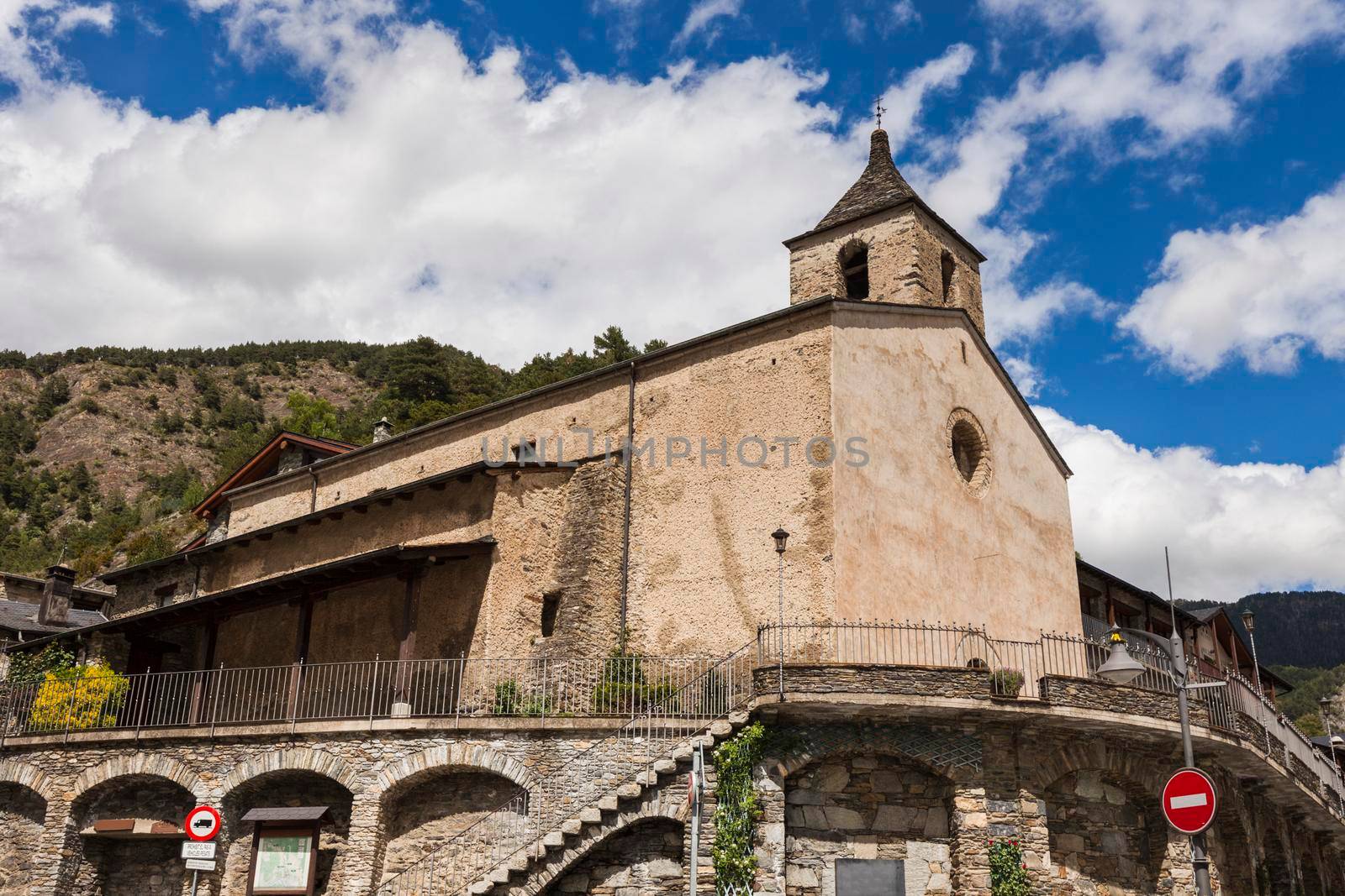 Church in Ordino seen afternoon. Ordino, Andorra.