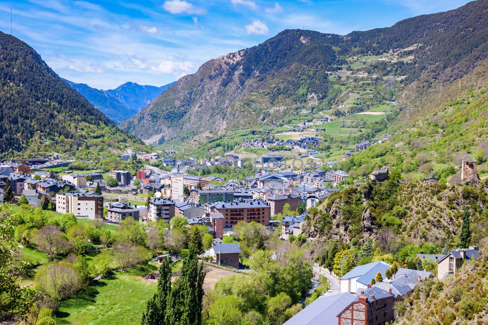 Panorama of Encamp in the morning. Encamp, Andorra.